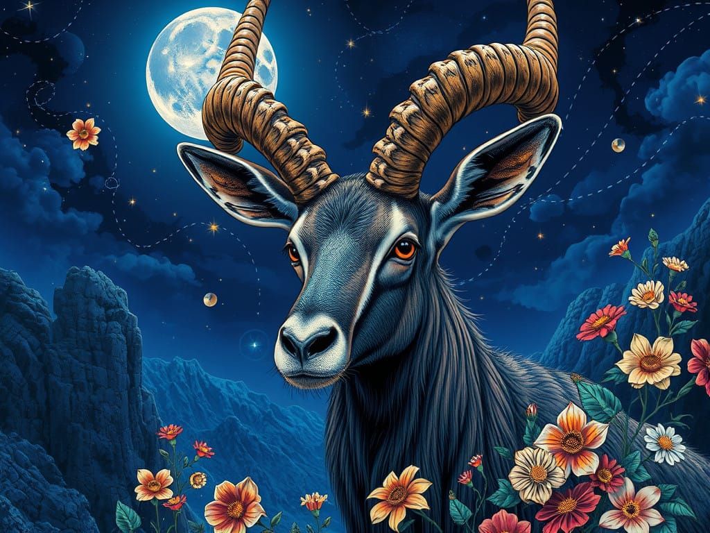 Exotic Ibex in Vibrant Blue Night Landscape