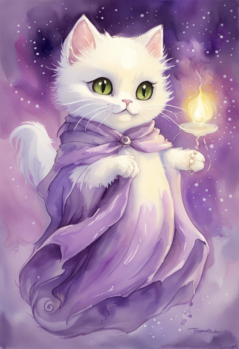 Ethereal Cat Ghost in Disney Ghibli Watercolor Style