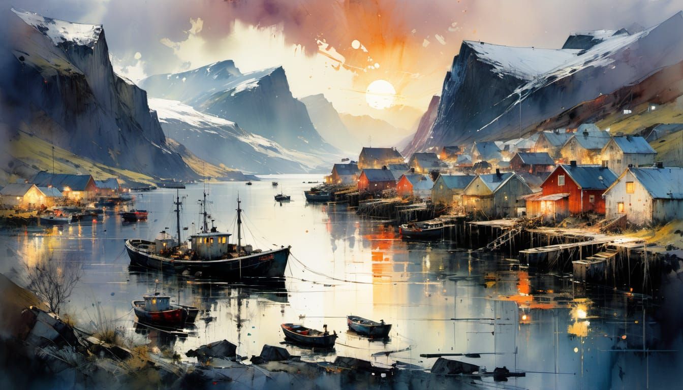 Picturesque Norwegian Fishing Village at Sunset: Watercolor ...
