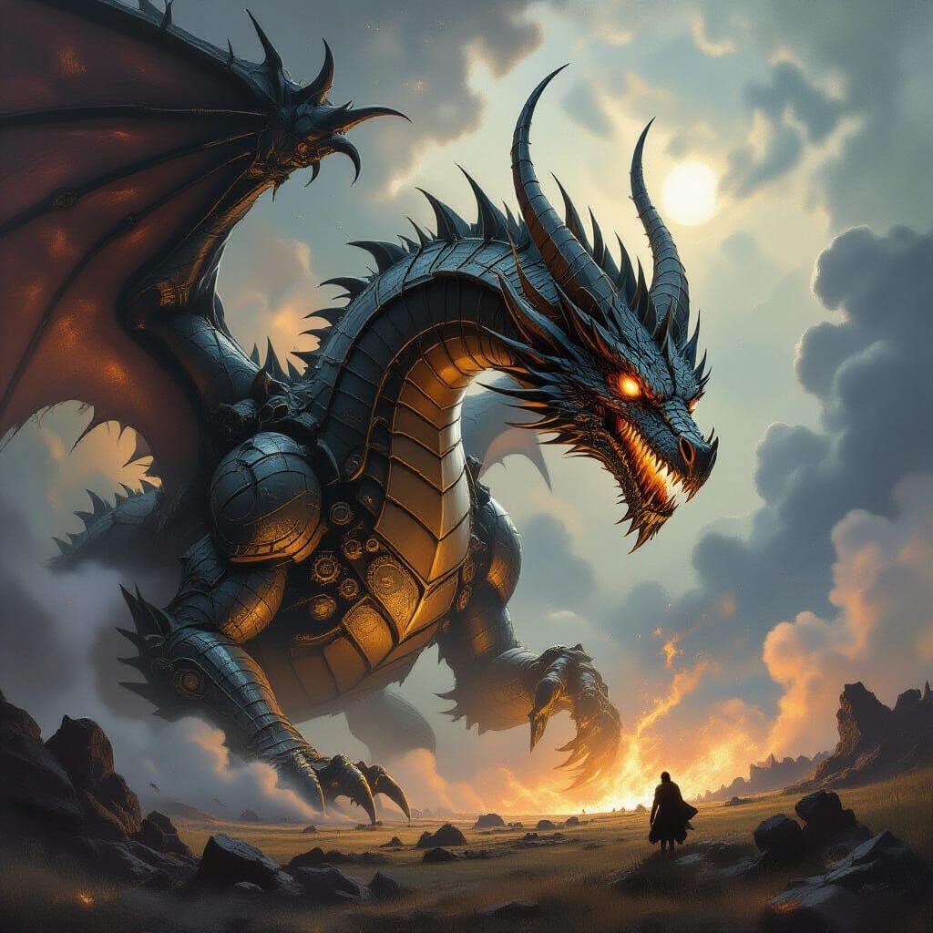 Clockwork Dragon Emerging From Nebula in Dark Fantasy Style