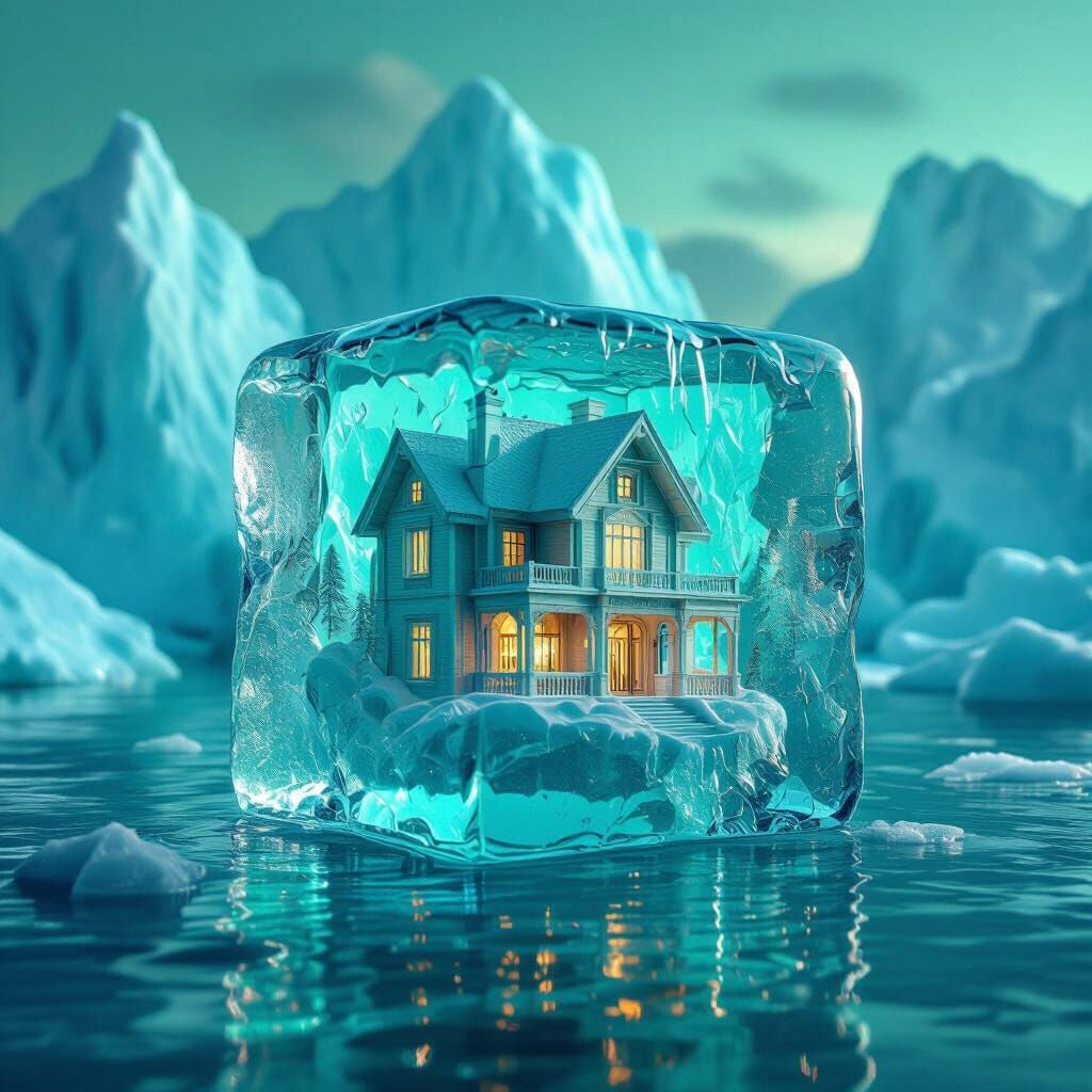 House Inside Ice Cube in a 3D Art Style