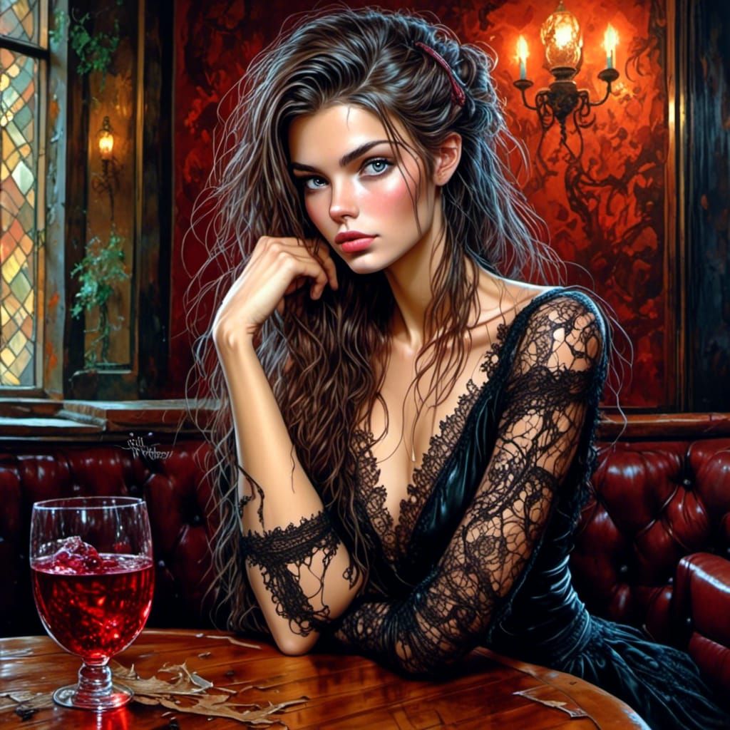 Anime Woman in Pub with Wine, Surreal Oil Painting