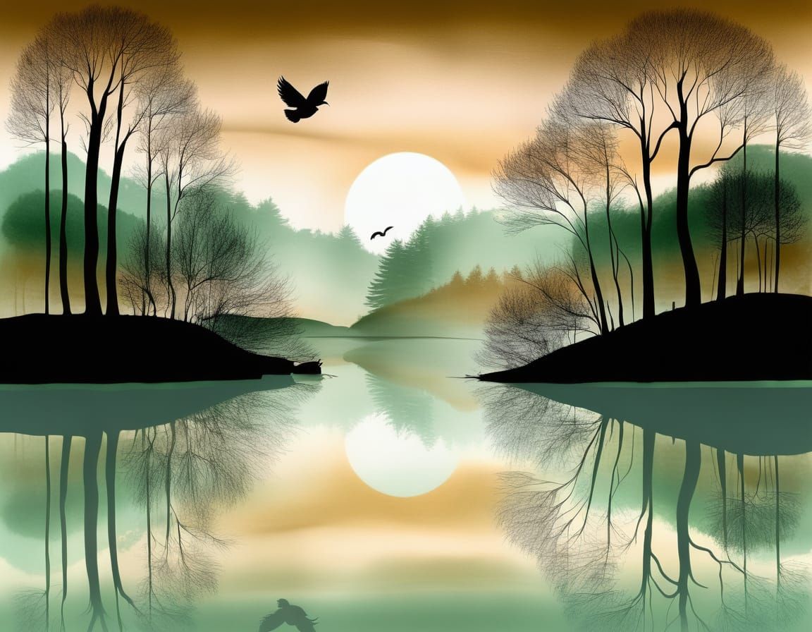 Zen Forestscape With Cottage in Minimalist Style