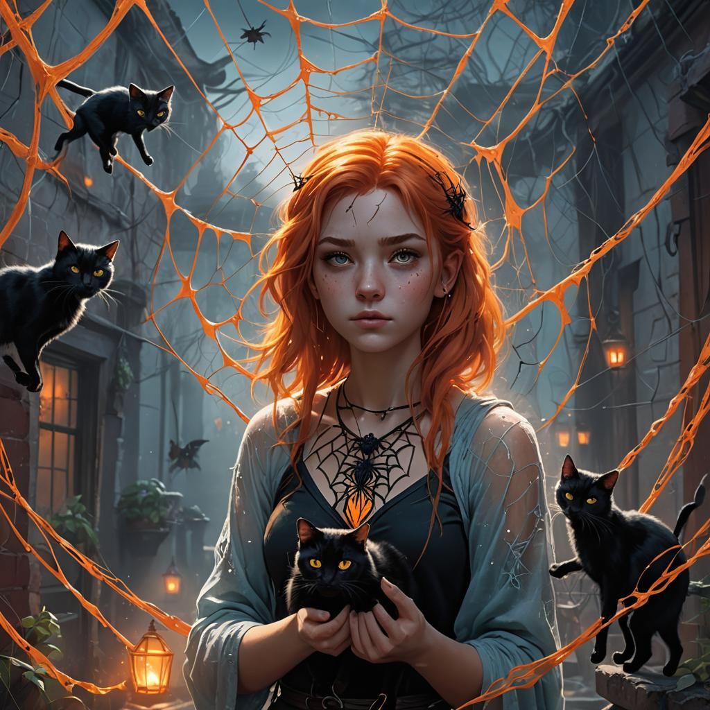 Orange-Haired Girl with Cat in Dark Fantasy Style