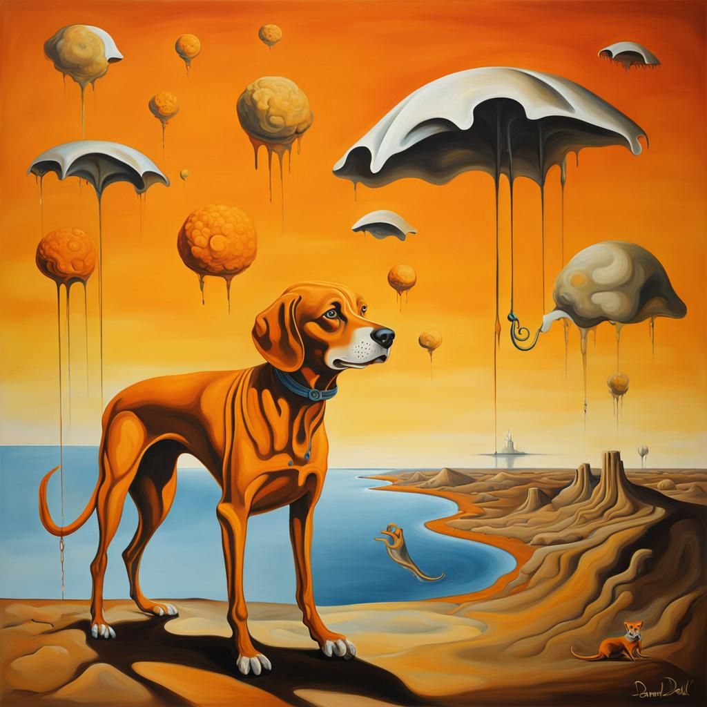 Surreal Orange Dog Talking Brontide: Dali-esque Oil Painting
