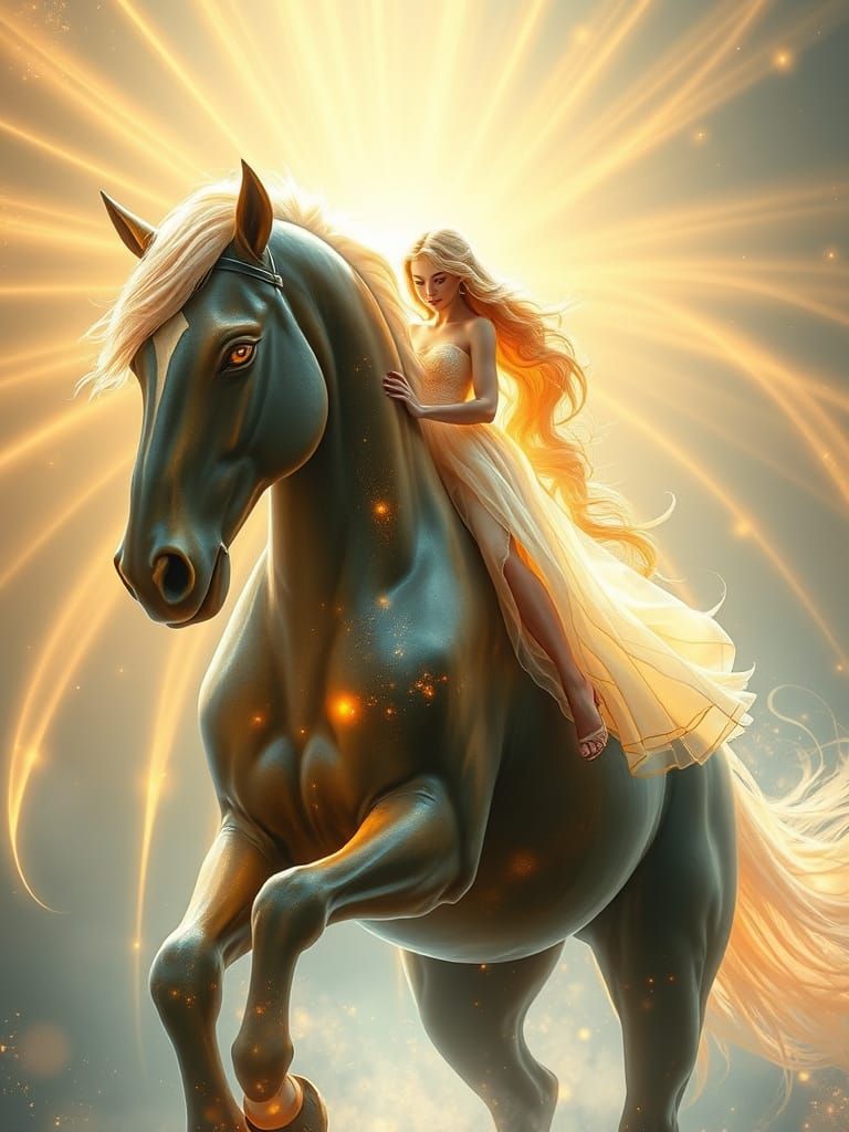 Radiant Woman on Glowing Stallion in Cosmic Bloom