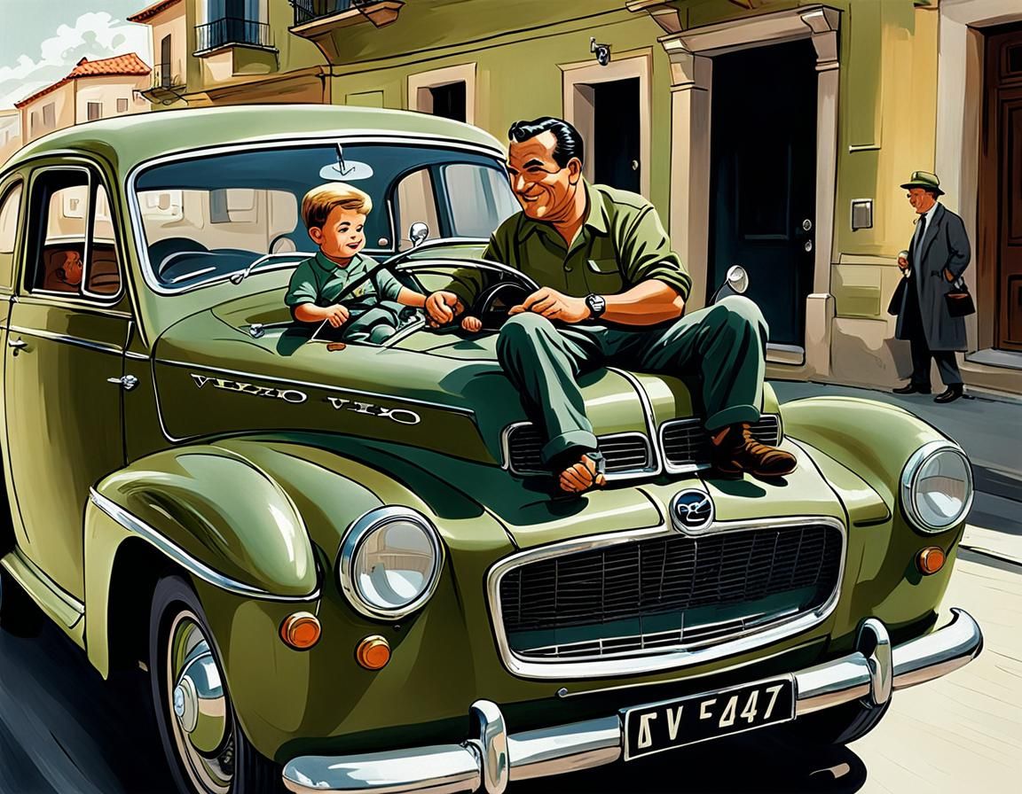 Boy Driving Volvo PV544 Sport in Comic Art Style
