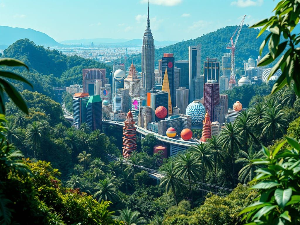 Vibrant Abstract Metropolis in Jungle, Stunning Shadows and....