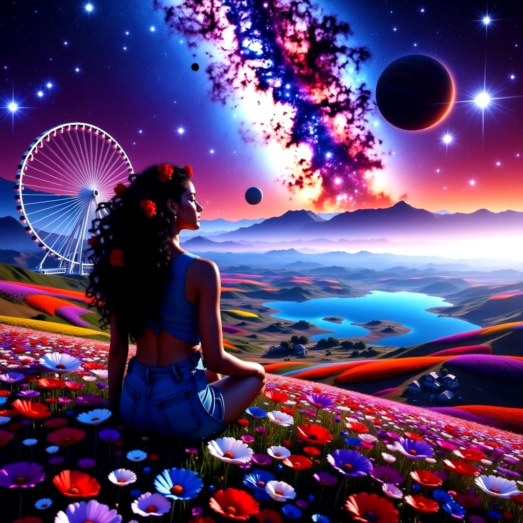 Gorgeous Woman Sits on Ferris Wheel Under Vibrant Cosmic Nig...