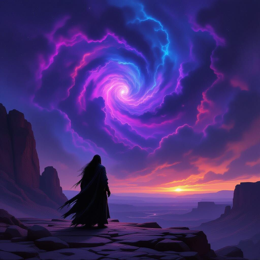 Shaman Silhouette Against Cosmic Nebula in Dark Fantasy Styl...