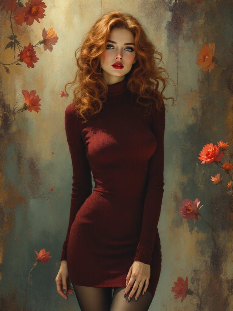 Auburn Pin-Up Woman in Maroon Dress, Tonalist Style