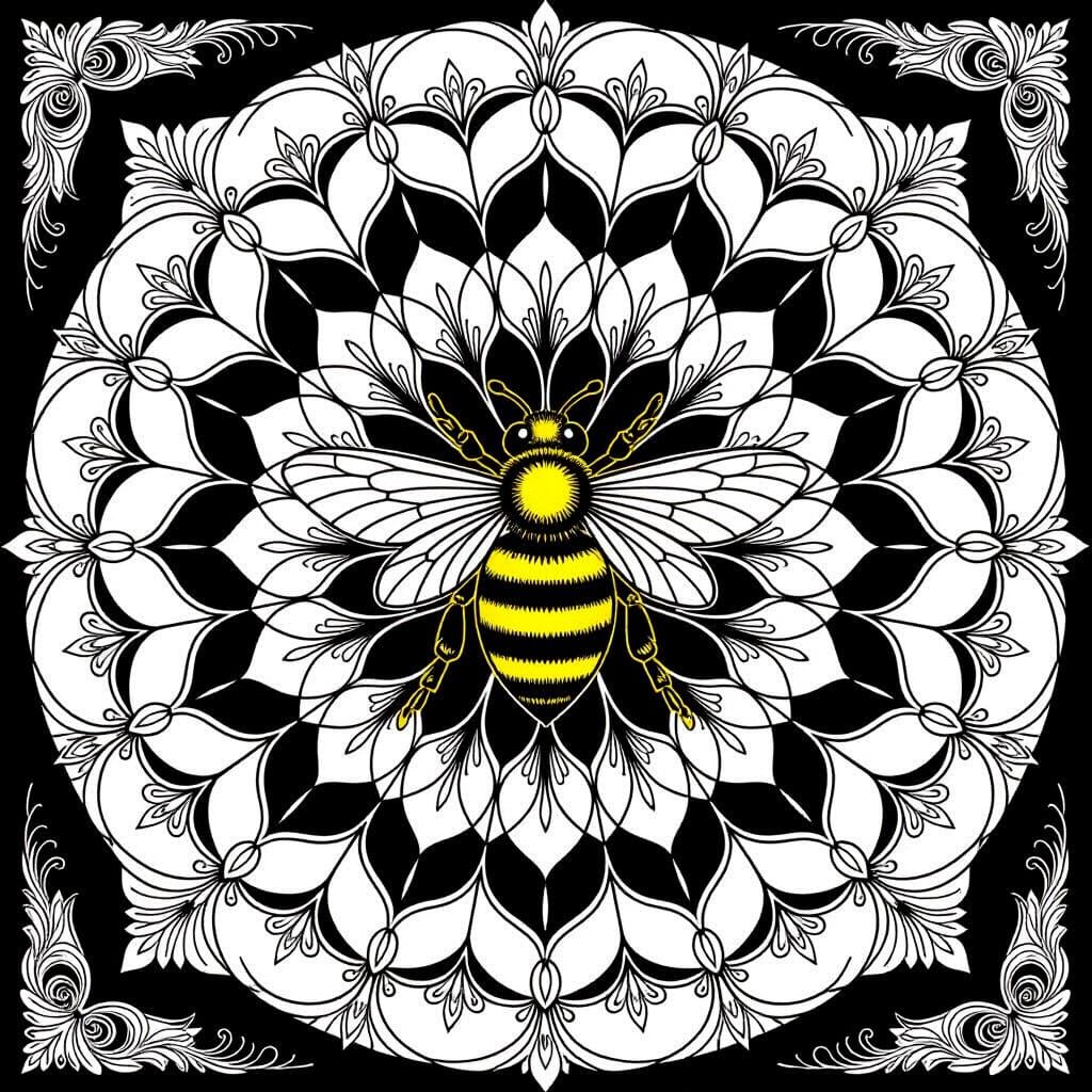 Intricate Mandala with Bumblebee in Vector Art Style