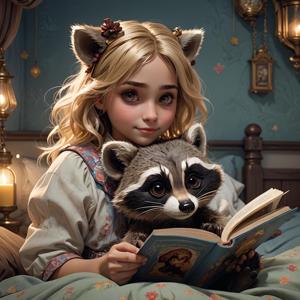 Raccoon Reads Bedtime Story: Hyperdetailed Portrait