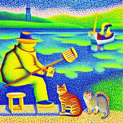 Pointillist Cat Fishing: A Pointillism Style Image