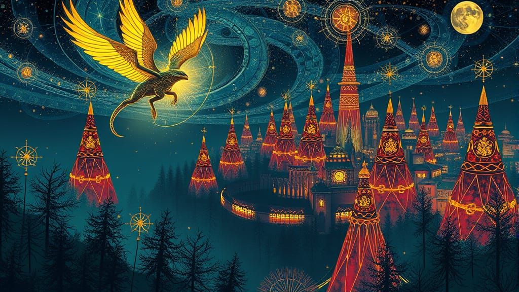 Gustav Klimt-Inspired Science Fiction Fantasy Land with Magi...