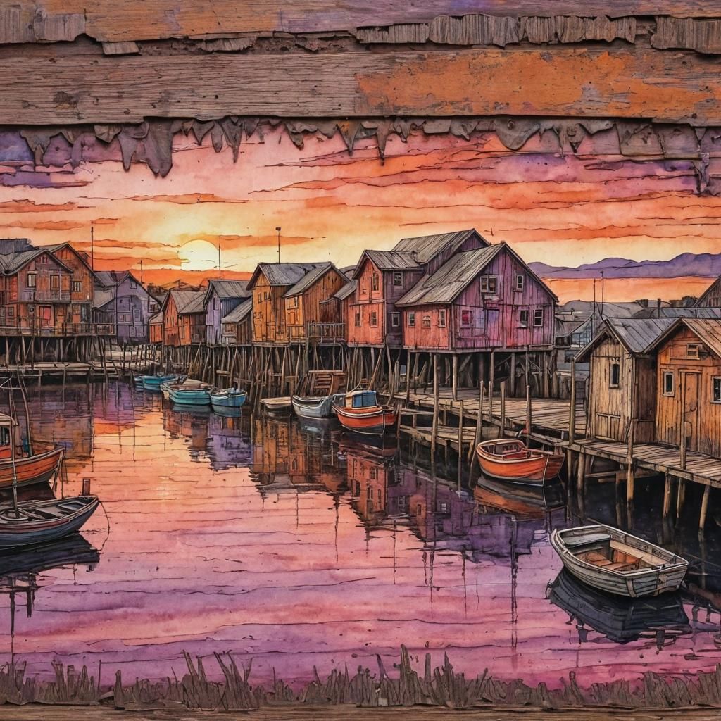 Sunset Over Dock in Gritty Impasto Style