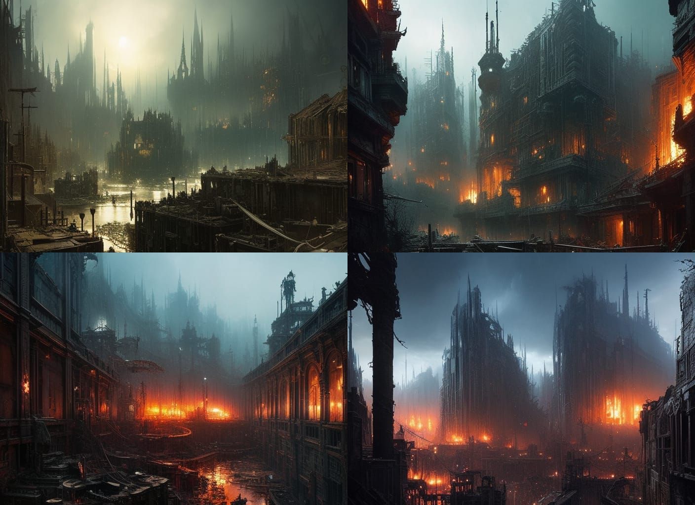 Devastated Dystopian Cityscape: Dark Watercolor Art