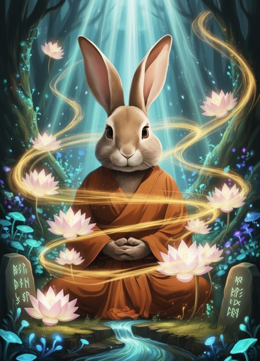 Meditating Rabbit in Magical Forest