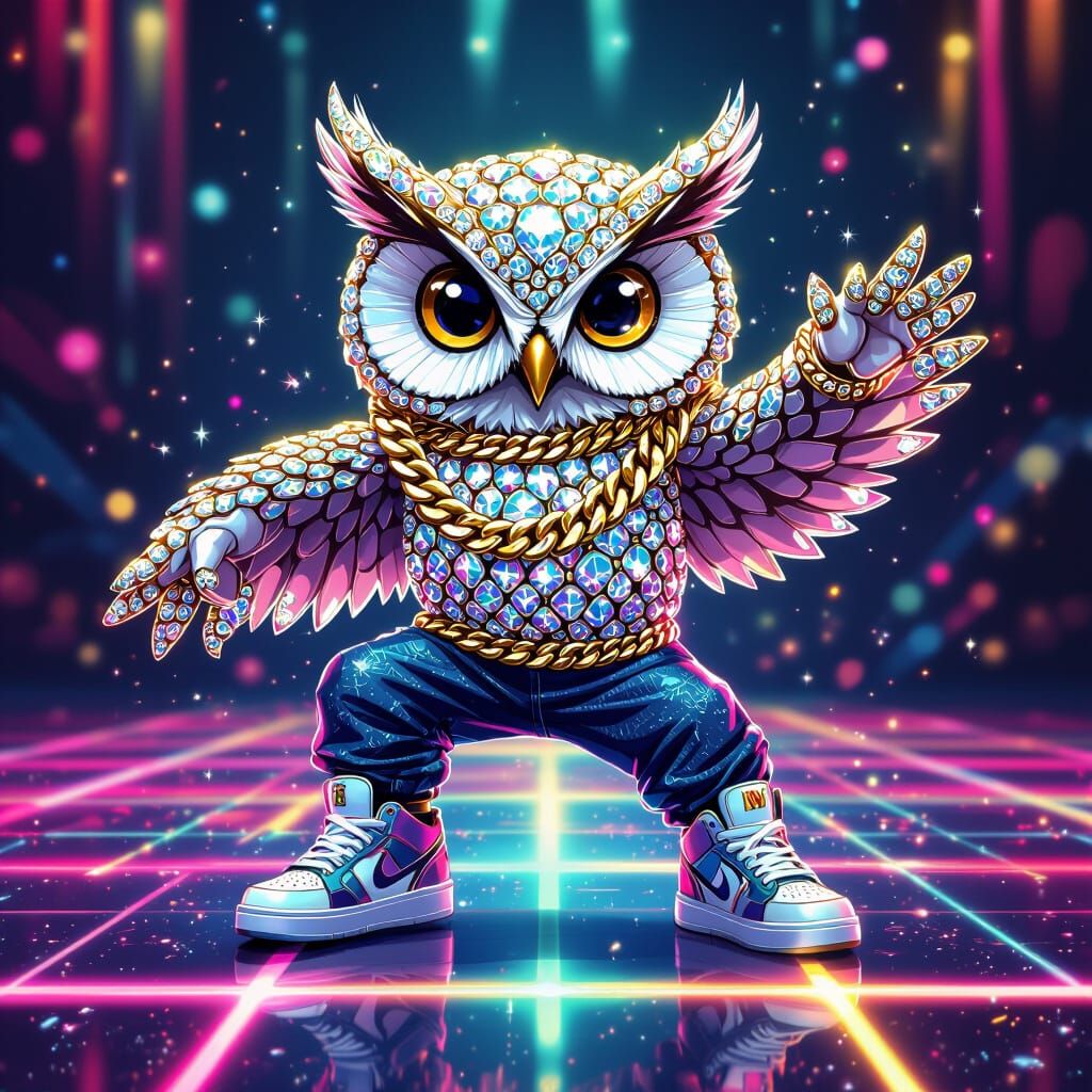 Diamond Owl Breakdancing in Pop Surrealist Style