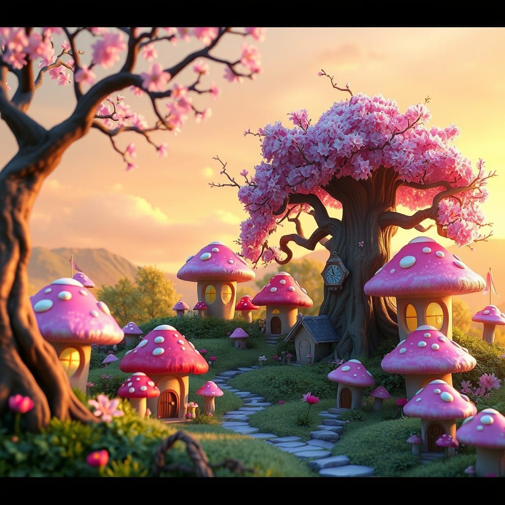Whimsical Fairy Village at Sunrise