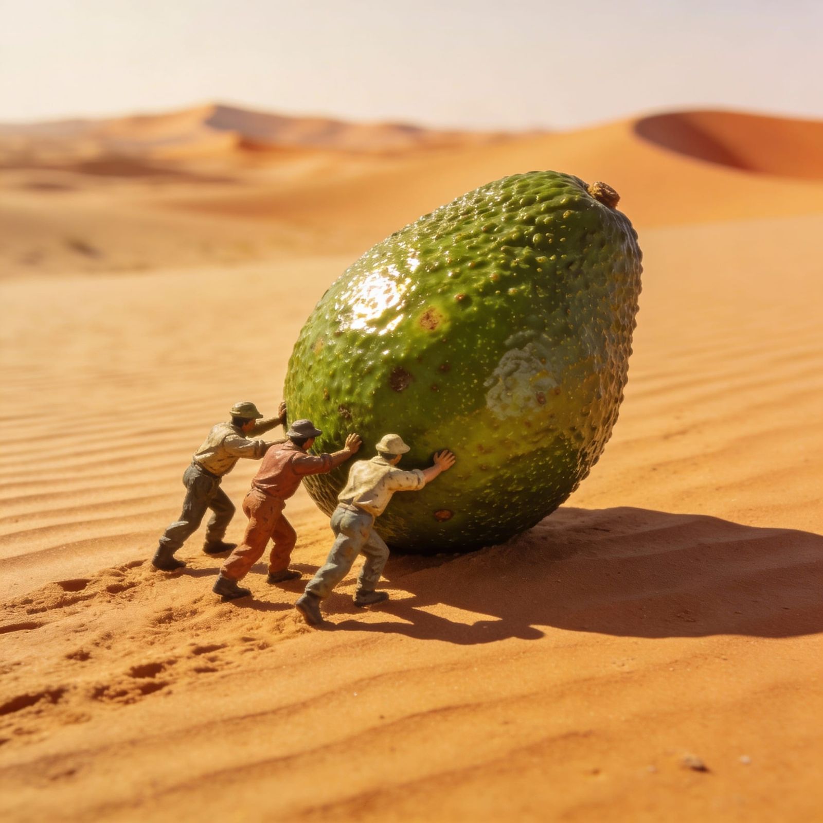 Tiny Men Push Giant Avocado Across Desert