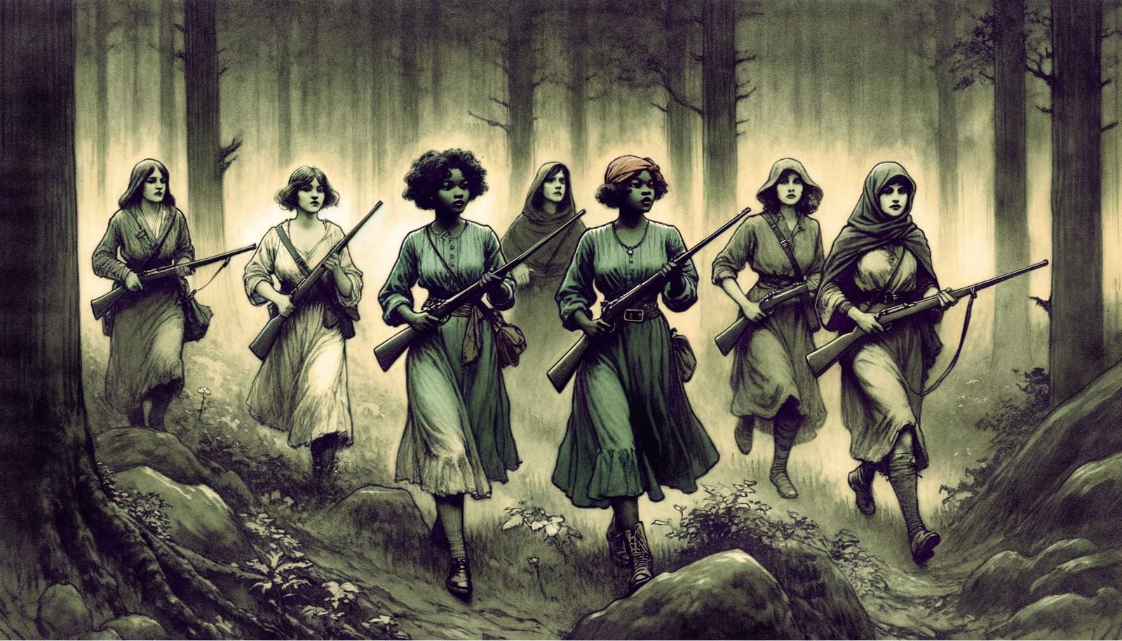 Women in Forest: Golden Age Illustration Style