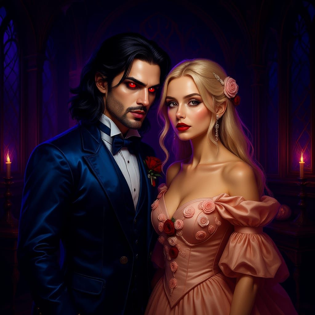 Gothic Vampire Seduction in Elaborate Bedroom