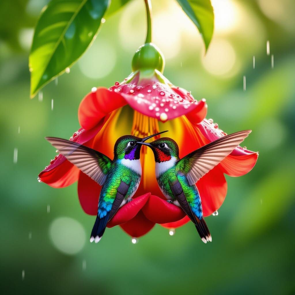 Hummingbirds Cuddle in Flower Shelter During Summer Rain