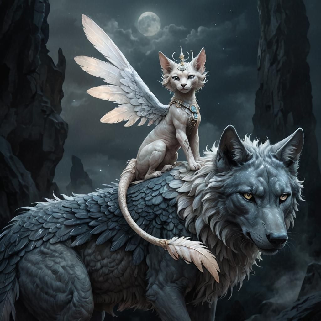 Winged Sphinx Rides Dire Wolf in Enchanting Forest