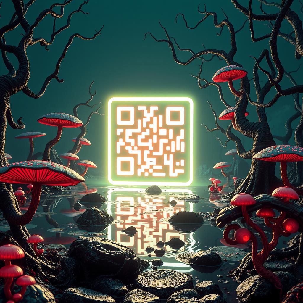 Glowing QR Code in a Toxic Sci-Fi Swamp