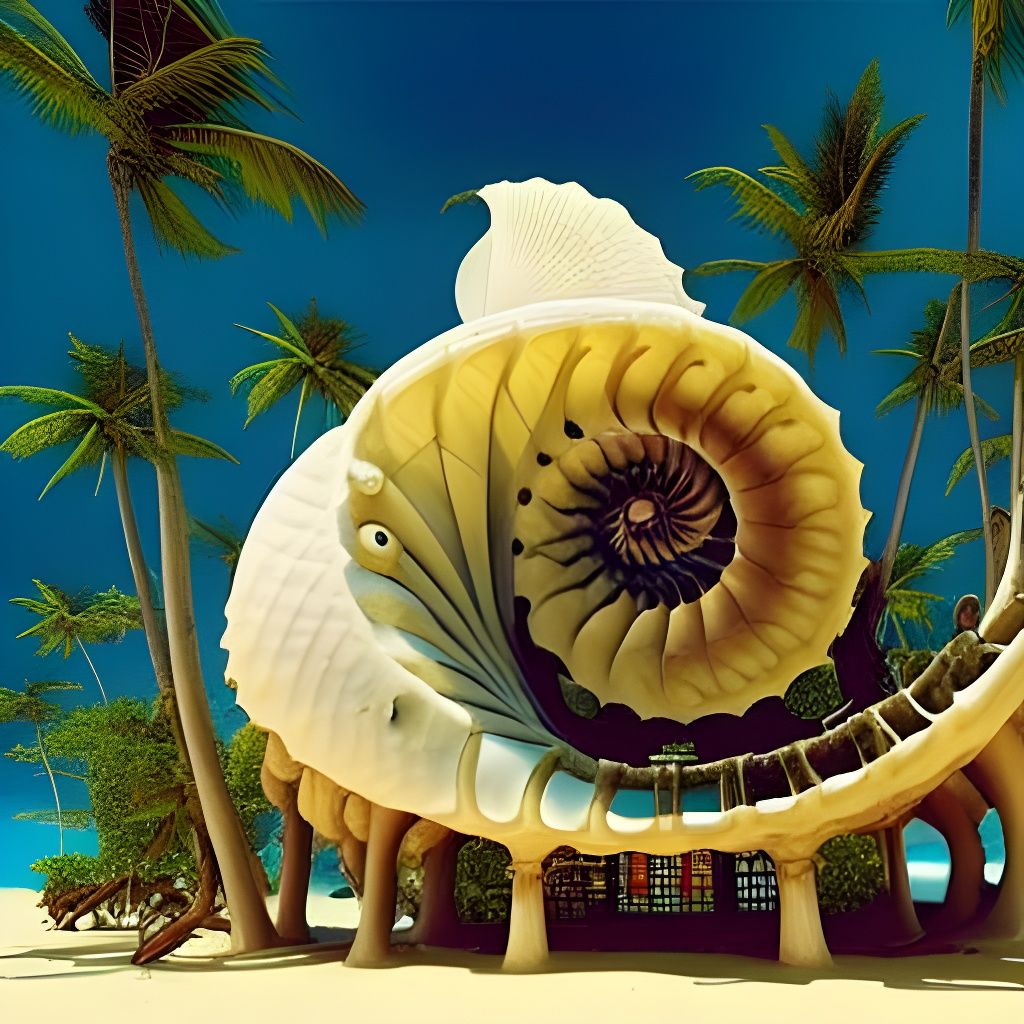 Surreal Nautilus Shell House on Tropical Beach