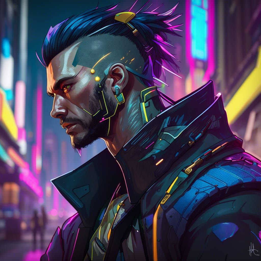 Cyberpunk Street Samurai Portrait in Neon City