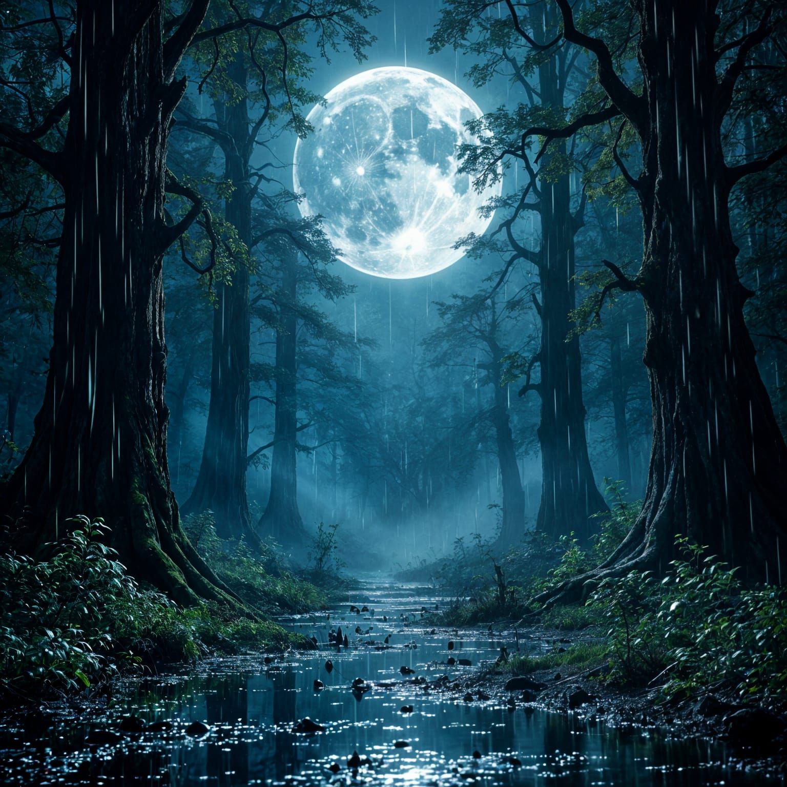 Mysterious Moonlit Forest in Heavy Rain