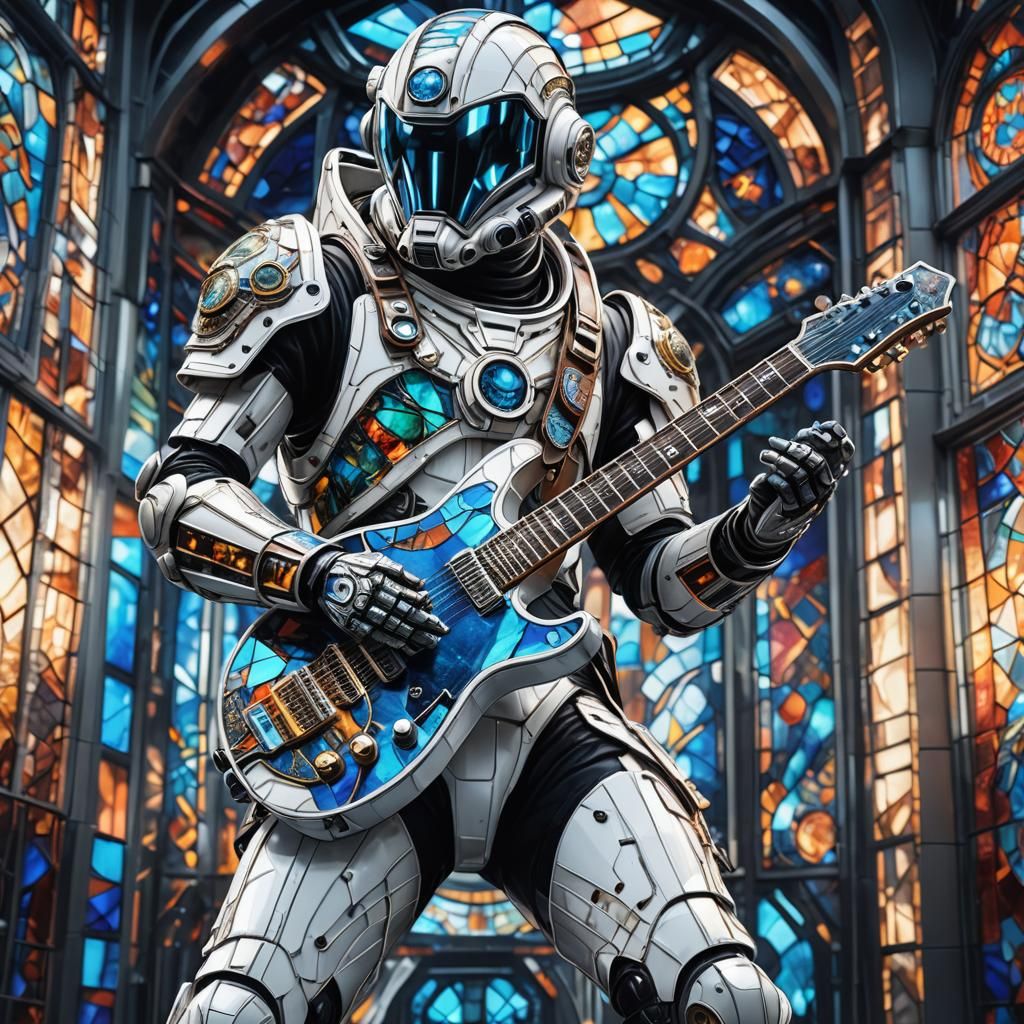 Biomechanical Astronaut Plays Guitar in Futuristic Sci-Fi