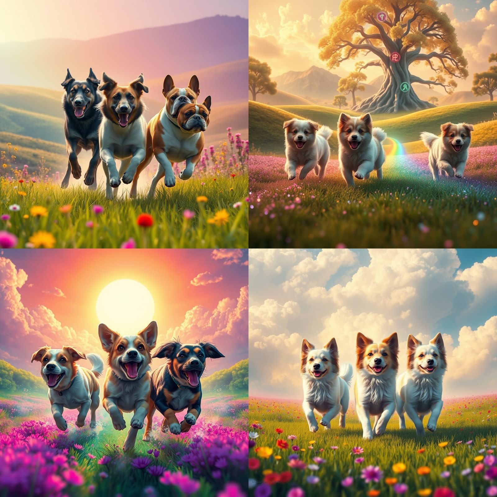 Dogs Running in Rainbow Field: Detailed Fantasy Art