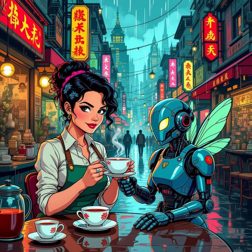 Cyberpunk Tea Shop Cartoon with Steampunk Flair