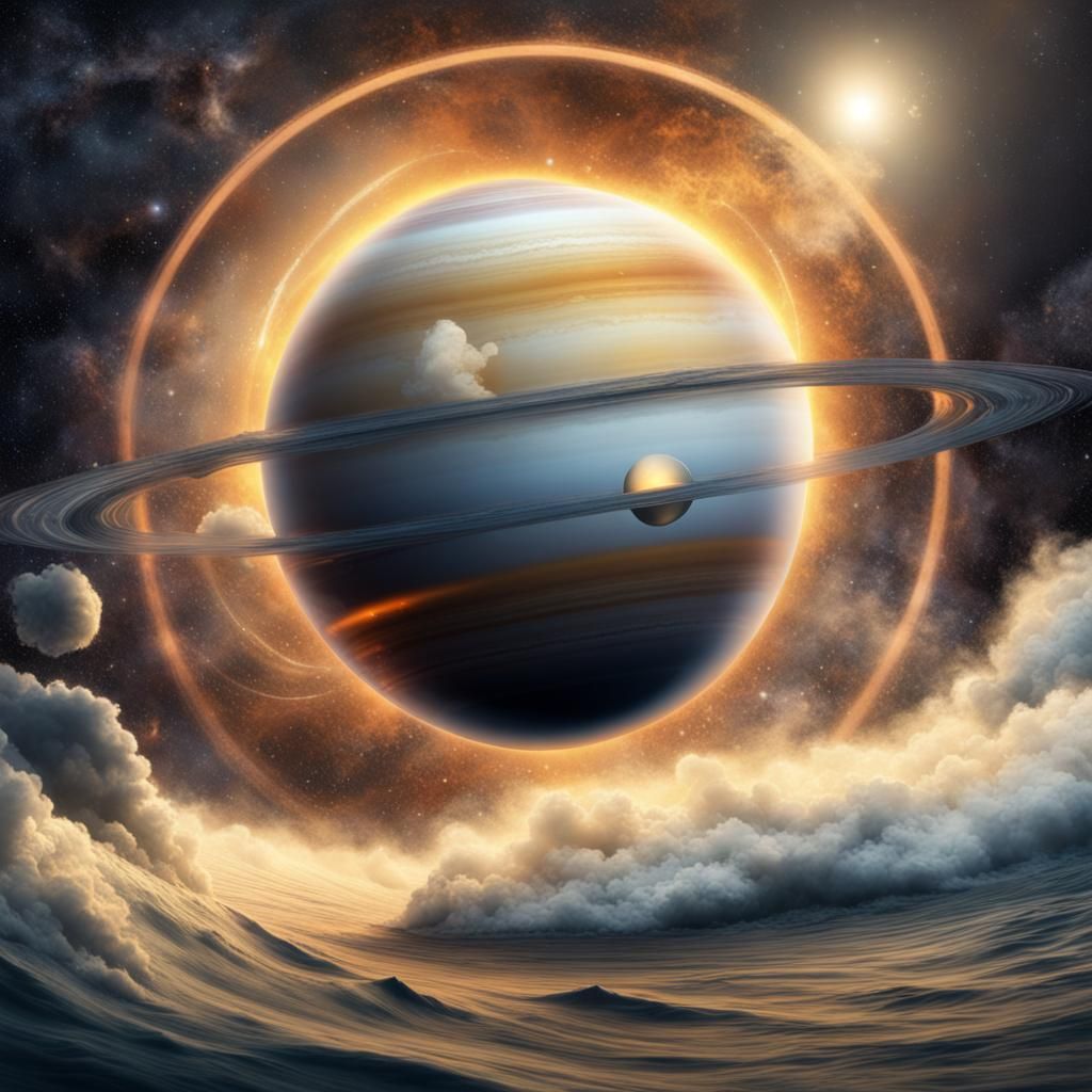 Saturn Emerges from Portal in Stormy Sea