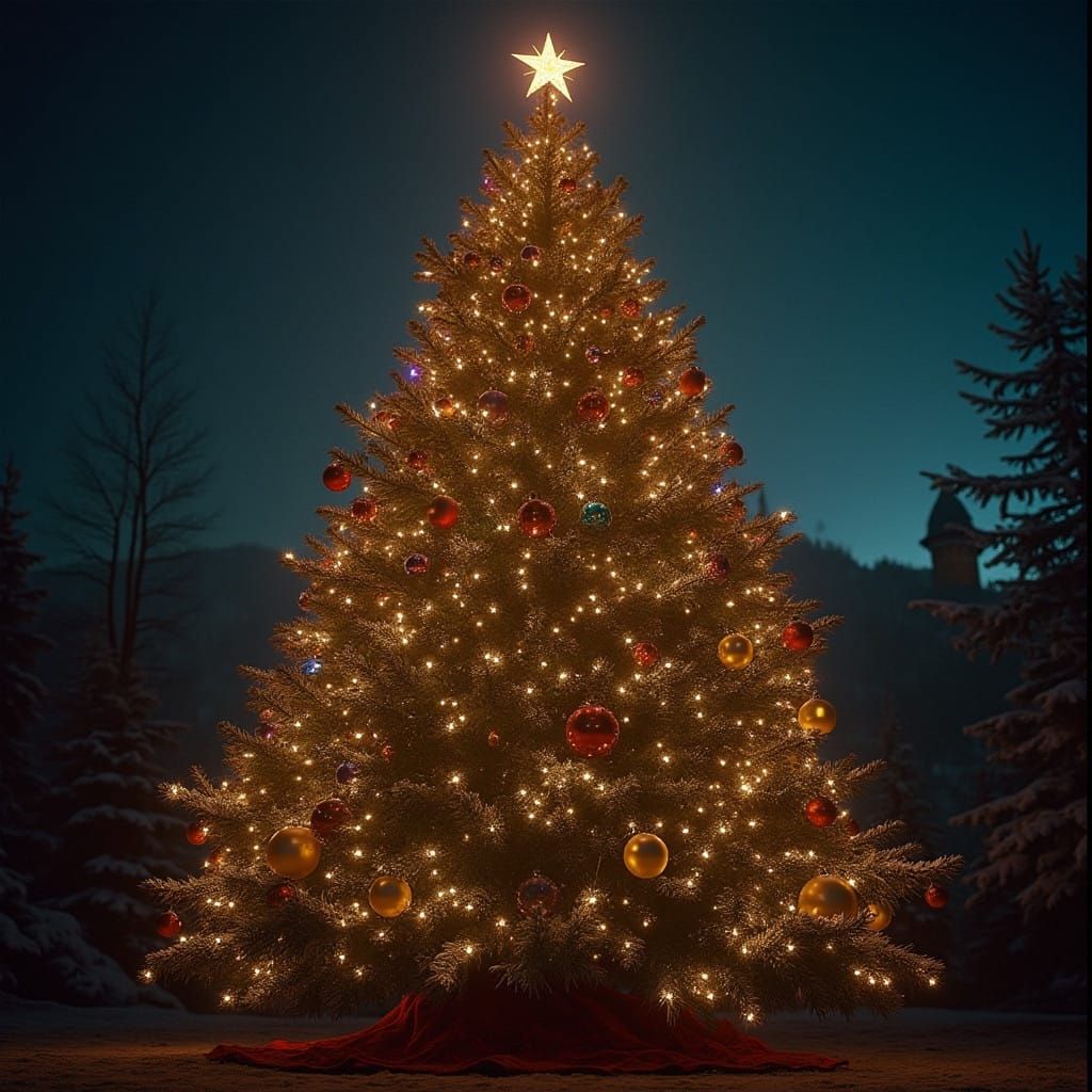 Golden Christmas Pine Tree in a Whimsical, Cinematic Scene