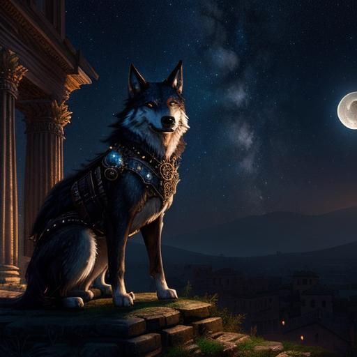 Steampunk Wolf Under Starry Sky in Roman Setting
