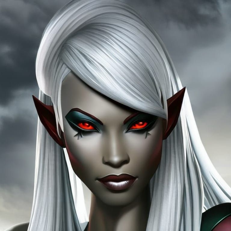 Hyperrealistic Drow Elf Woman with Red Eyes