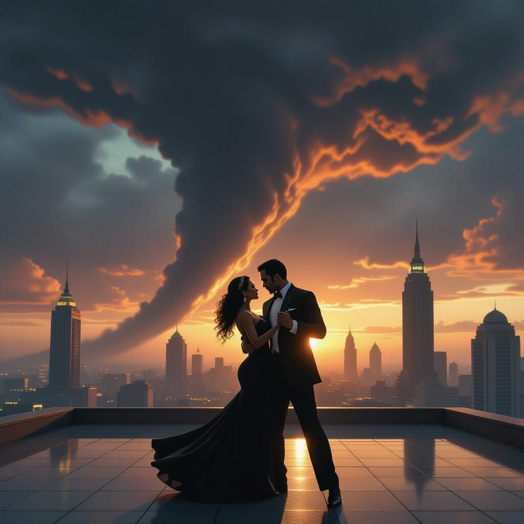 Art Deco Couple Tangoing on Skyscraper Amidst Tornado