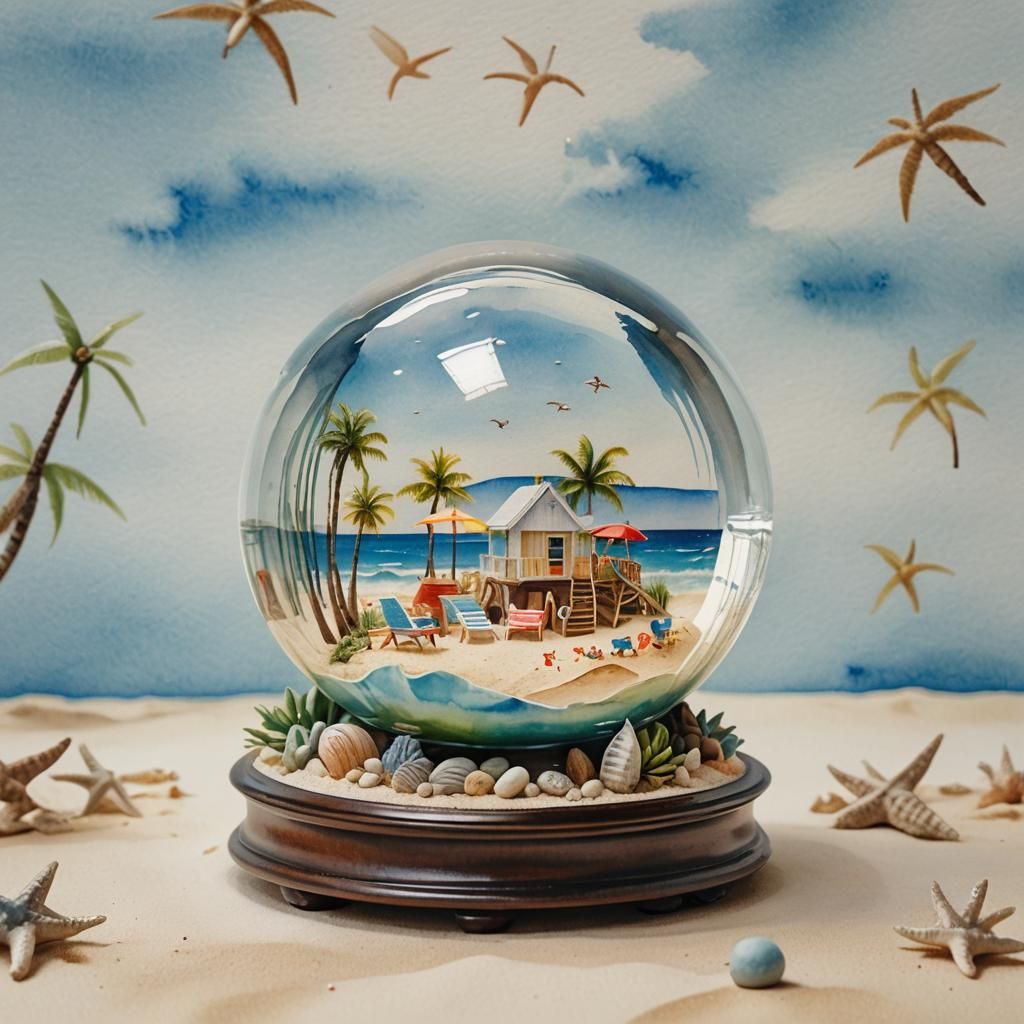 Watercolor Beach Scene Inside a Glass Globe
