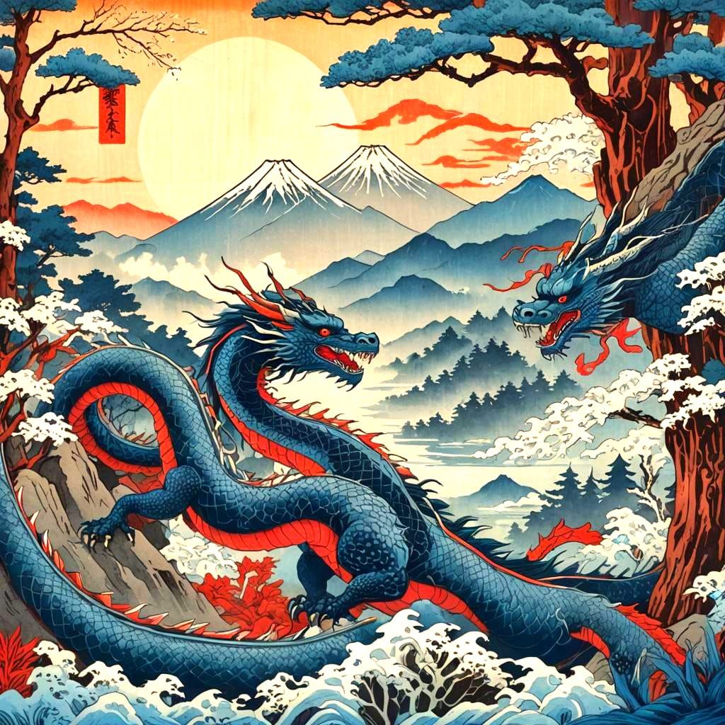 Dragons Encircling Mt. Fuji in Ukiyo-e Style