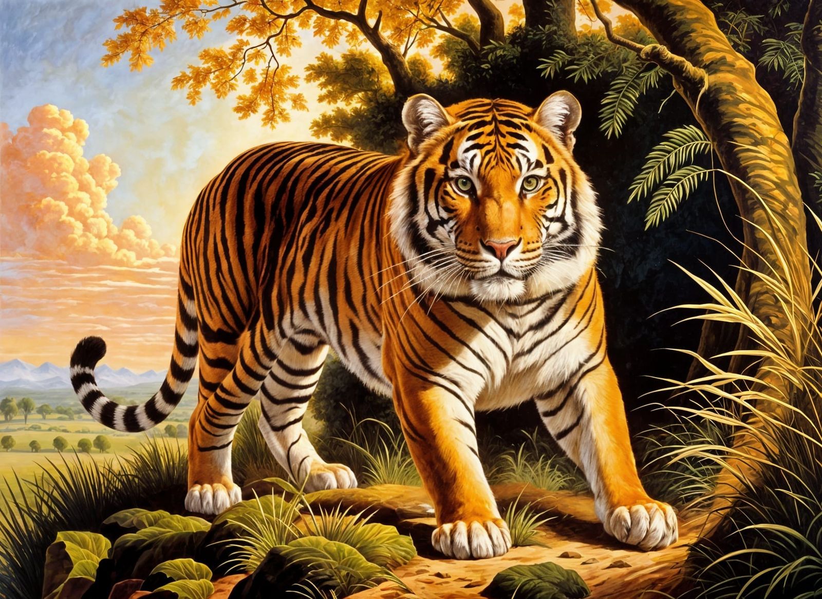 Majestic Bengal Tiger Hunting: Oil Painting Portrait