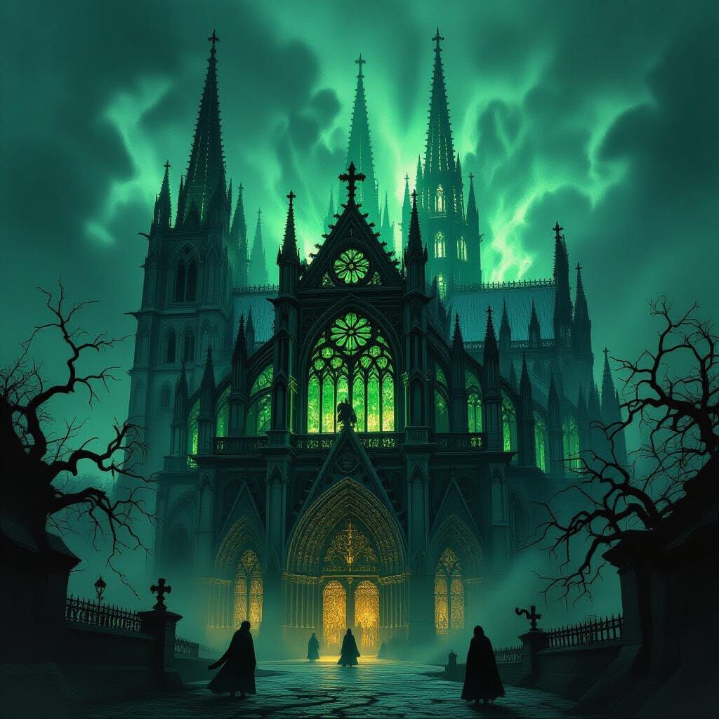 Eerie Gothic Cathedral of Bones and Green Flames