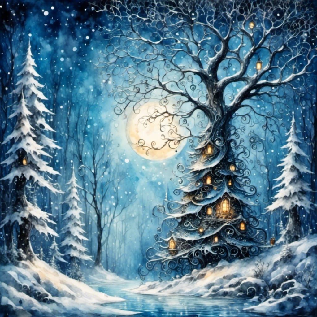 Gothic Christmas Tree in Winter Wonderland as Watercolors