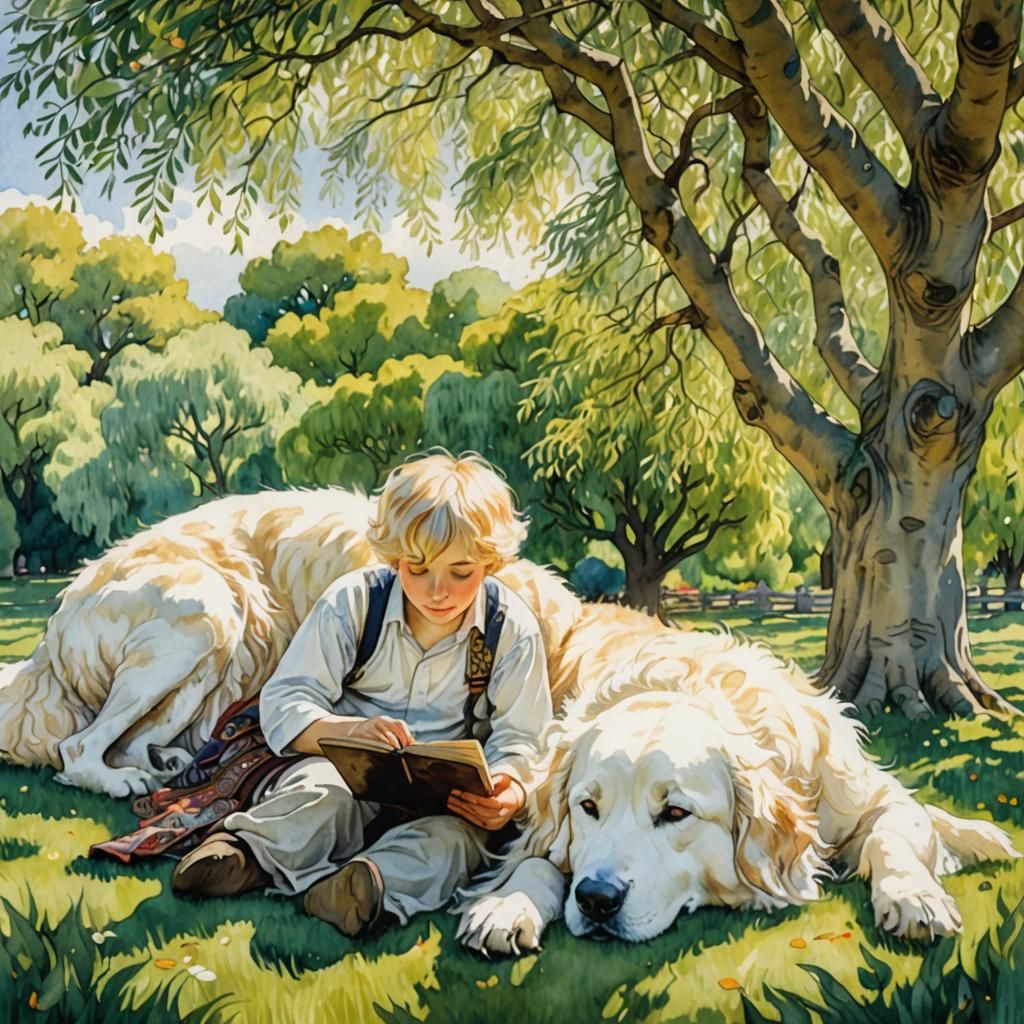 Boy Reading with Dog in Klimt-Mucha Style