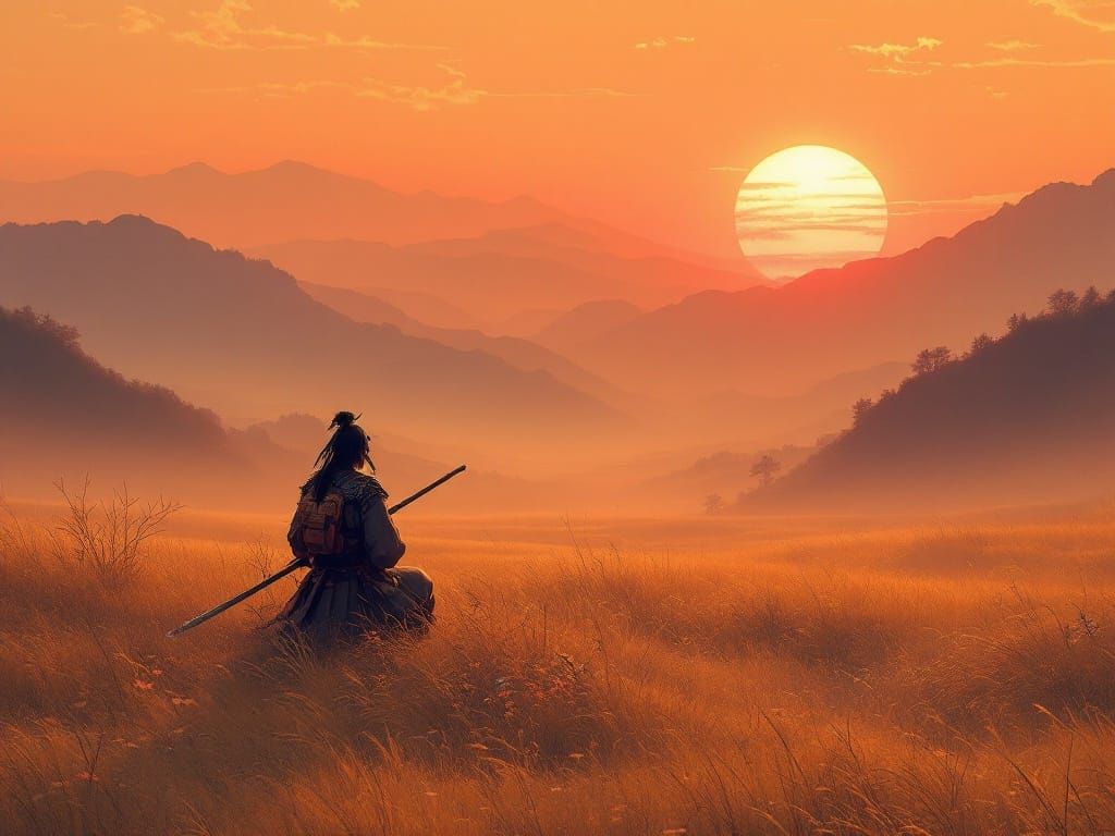 Samurai in Morning Contemplation at Sunrise