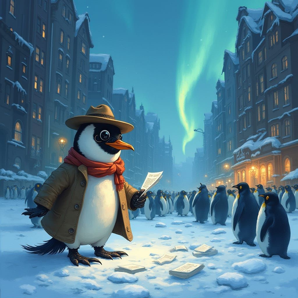 Penguin Detective Investigates Arctic Crime Scene, Watercolo...