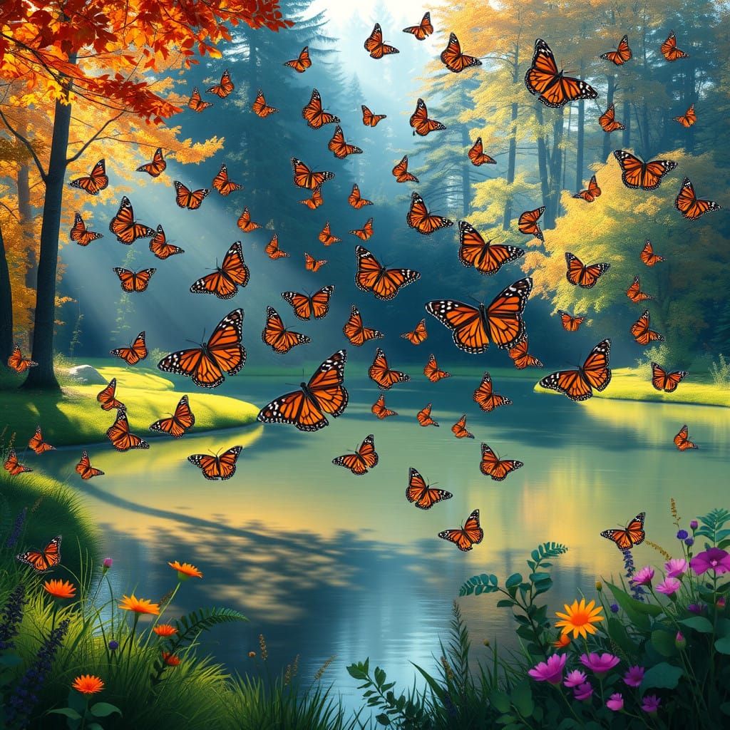 Autumn Monarch Butterfly Migration in Impressionist Style